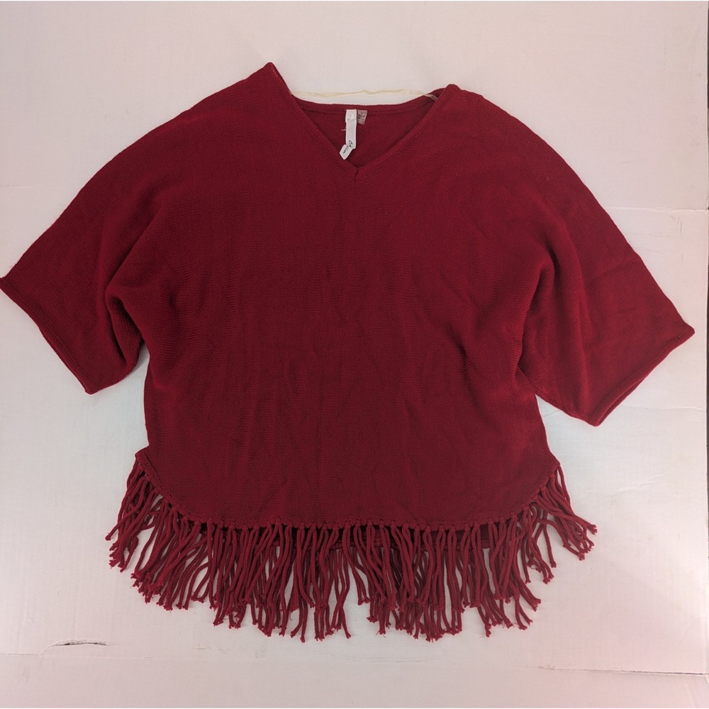 NY Collection Sweater Women Medium Red Fringe Poncho Dolman Sleeve Boho Festival